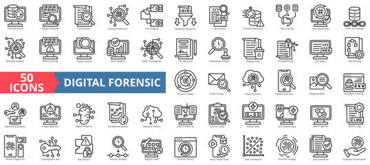 digital forensic icon set outline style illustration. containing data, recovery, evidence, file, analysis, disk imaging, metadata extraction, log, incident response, investigation, audit, malware