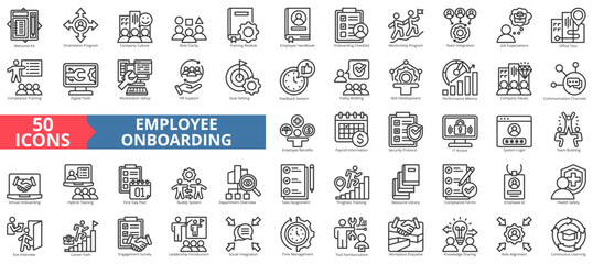 employee onboarding icon set outline style illustration. containing orientation program, engagement, training module, checklist, mentorship program, team integration, job expectation, career path