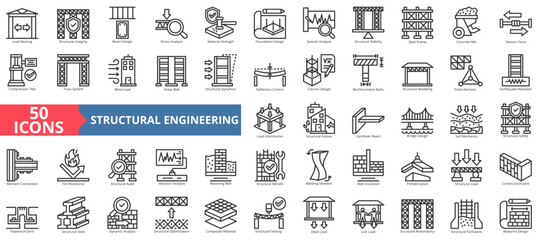 structural engineering icon set outline style illustration. containing load bearing, structural integrity, beam design, stress analysis, strength, foundation design, seismic analysis, concrete mix