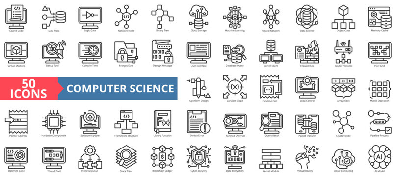 computer science icon set outline style illustration. containing source code, data flow, network node, binary tree, cloud storage, machine learning, neural network, data, object class, algorithm