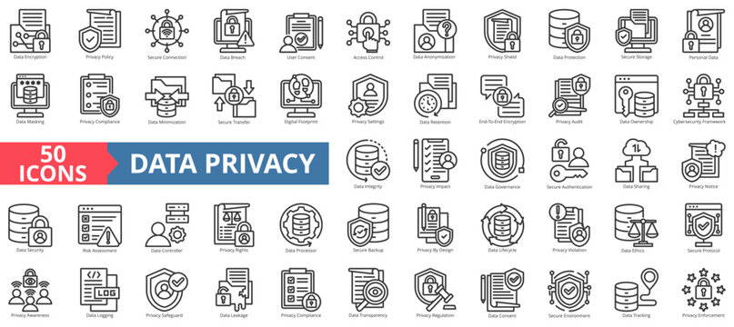 data privacy icon set outline style illustration. containing encryption, privacy policy, secure connection, breach, user consent, access control, anonymization, protection, secure storage, security