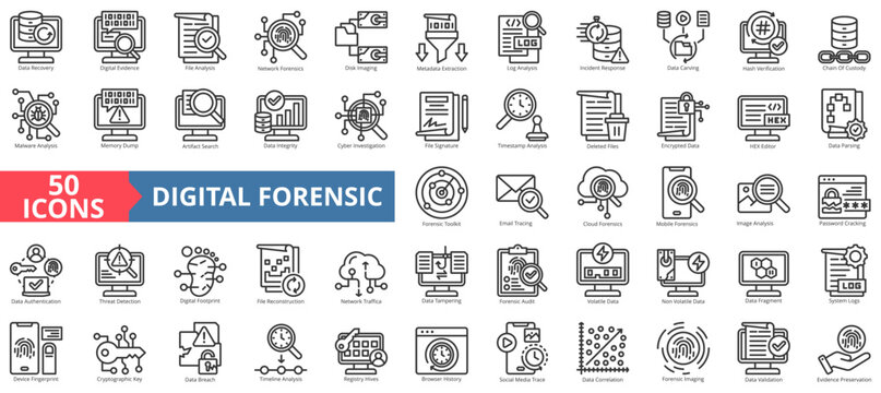 digital forensic icon set outline style illustration. containing data, recovery, evidence, file, analysis, disk imaging, metadata extraction, log, incident response, investigation, audit, malware