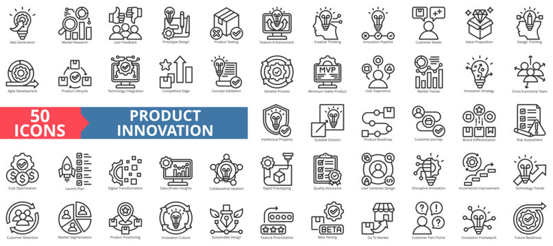 product innovation icon set outline style illustration. containing idea generation, market research, user feedback, design, cost, product testing, creative thinking, customer needs, value proposition