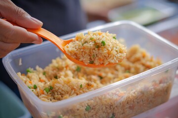 A hand holding a plastic spoon to eat rice; micro plastic contamination in food concept.