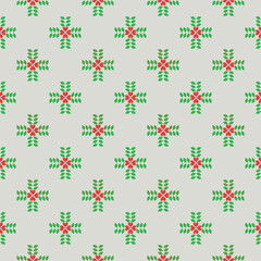 Seamless pattern with red flower at the center and green leaves on gray background.