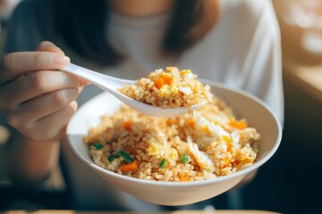 A hand holding a plastic spoon to eat rice; micro plastic contamination in food concept.