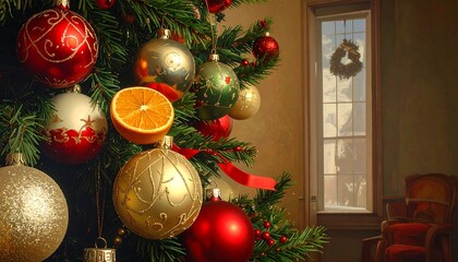 Festive Christmas Tree with Ornaments and Window View.