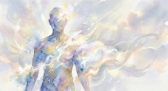 Spiritual Figure Ascension Dissolving Into Divine Light Watercolor Illustration JPG
