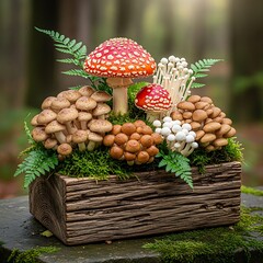 Assortment of wild fungi and ferns displayed in a rustic wooden container outdoors