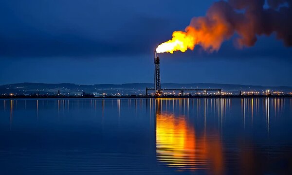 Industrial Flare Stack Burning Brightly at Night with Fiery Reflection on Calm Water Surface.