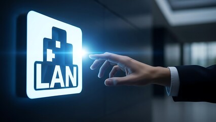 hand interacting local area network LAN symbol with hand touching screen in office