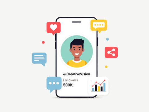 Vector flat design illustration of a smartphone screen displaying a social media profile with a cartoon avatar and various icons on a white background.