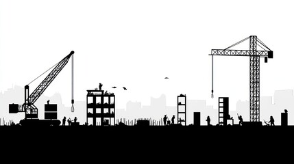 Construction site silhouettes, cranes, workers, buildings. Possible use Stock photo for construction industry projects