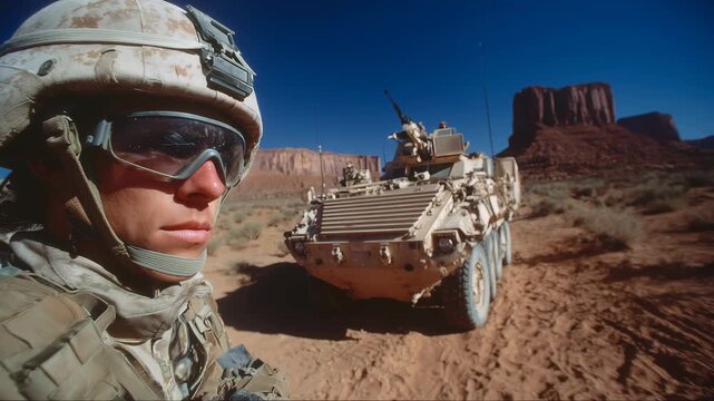Close-up soldier portrait beside armored vehicle in desert landscape