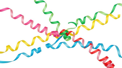 Twisted colorful paper streamers crossing in center for celebrations, transparency.