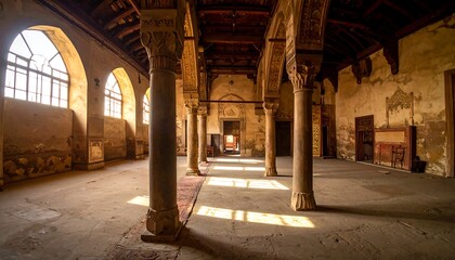 Ancient Hallway with Sunlight Beams and Ornate Columns.