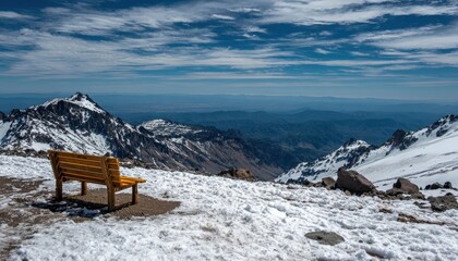 Wooden resting seat offers panoramic view across snow covered mountain peaks under bright sky
