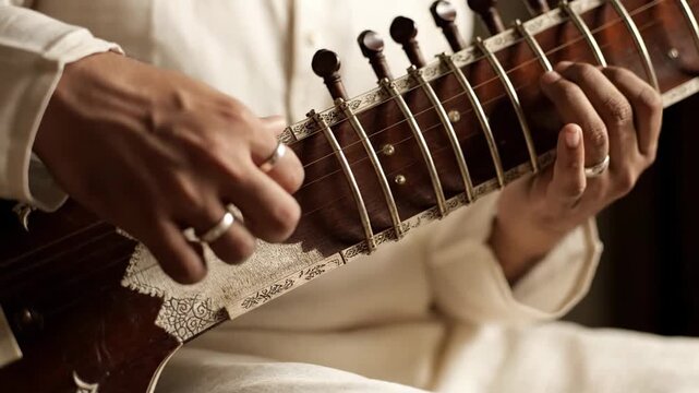 Playing the traditional Indian Sitar musical instrument close up