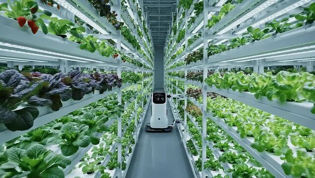 Automated Robot Navigates a Vertical Farm with Rows of Hydroponic Plants.