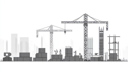 City Construction Site; Cranes, Workers, Buildings