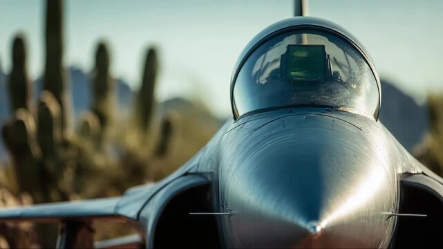 Jet aircraft nose close up desert cactus backdrop