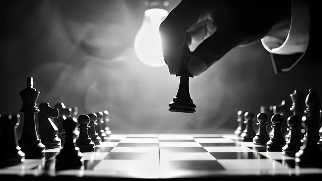 Dramatic black and white close-up captures a decisive moment as a silhouetted hand carefully moves a dark chess piece across the illuminated board suggesting deep strategic planning.