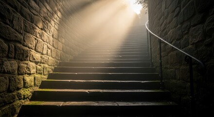 Bright light streams down onto ancient stone steps ascending between high retaining walls