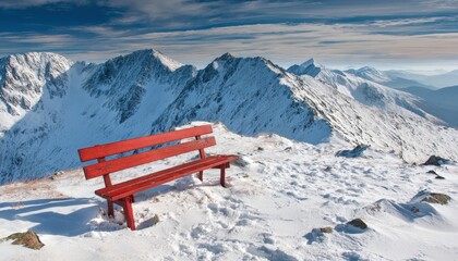 Bright red wooden bench sits upon a snowy mountain peak overlooking rugged, snow-covered terrain under a blue sky