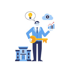 Naklejka premium Businessman Holding Key, Bulb Idea, Financial Growth Chart, and Cloud Money Icon