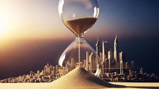 Hourglass on city skyline background.