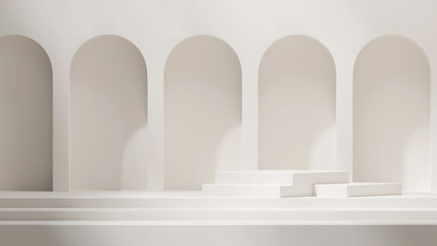 in landscape arch backdrop, 3d render image mockup space white color stairs block shape