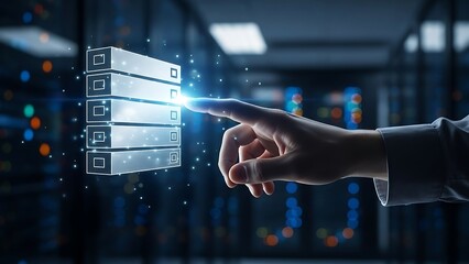 hand interacting Person interacting with a stack of server blocks in a data center with glowing effect  futuristic technology concept