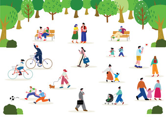 松の公園で過ごす人々