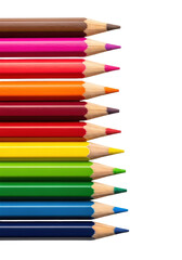Fototapeta premium Seven vertical, sharpened professional colored pencils displaying a vibrant spectrum (sepia to blue). Macro studio still life emphasizes cedar texture and vivid tips, isolated on transparent. Concept