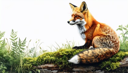 A vibrant fox with red fur sits atop a mossy log, observing greenery