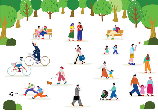松の公園で過ごす人々