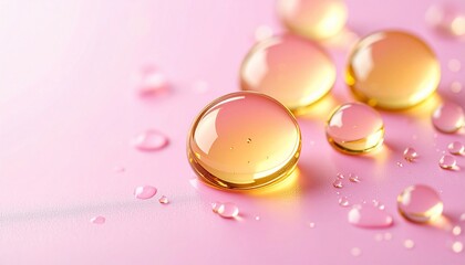 Close-up of clear droplets with yellow-pink gradient on a soft pink surface
