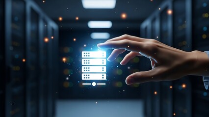 hand interacting person interacting with a virtual interface in a server room with glowing lights and futuristic ambiance one hand reaching out to touch a digital screen