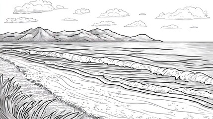 Beach scene, sketch of waves, mountains, tranquil landscape, printable art
