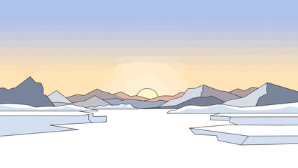 Arctic landscape with frozen water and distant mountains under a pale sunrise for a peaceful natural background © Jonmart
