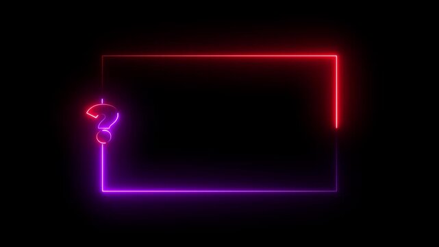 Neon question mark sign glowing on a black background. Quiz trivia game competition. . Modern 4K animation representing knowledge, challenge, and problem-solving.