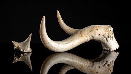 Bone-white animal antlers, elegantly curved, against reflective black surface