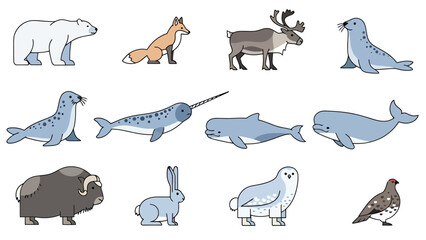 Collection of Arctic Animals and Marine Life in Simple Cartoon Style Isolated on White Background for Educational Use © Jonmart