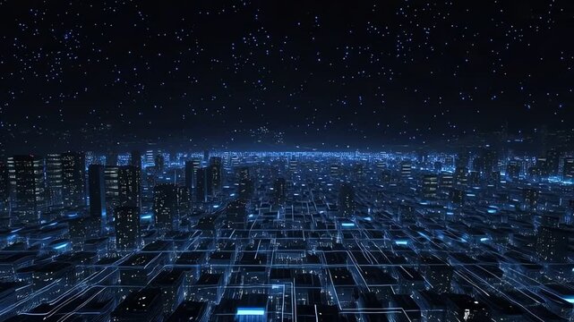 A futuristic cityscape at night with a grid-like pattern of blue lights against a starry sky.