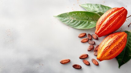 Two ripe orange cocoa pods and dried cacao beans lie beside green leaves on a bright textured surface