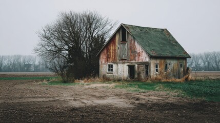 Obraz premium Abandoned Rustic House Surrounded by Foggy Landscape in Autumn