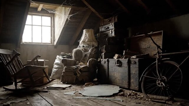 Dusty attic scene with a window, rocking chair, old bicycle, and furniture. Cobwebs and gloom