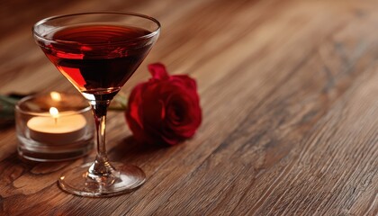 Cocktail glass with dark beverage sits beside a lit candle and a deep red rose upon a wooden surface.