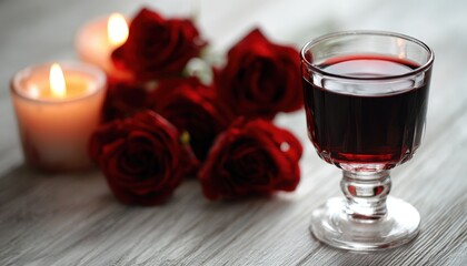 Dark liquid in a stemmed glass sits beside burning candles and deep red roses on a light wooden surface