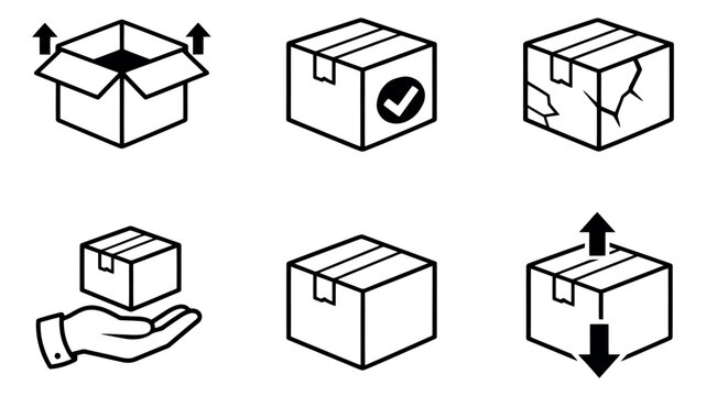 Simple line art shipping box icons set featuring open, closed, delivered, damaged, and handled packages for logistics and e-commerce